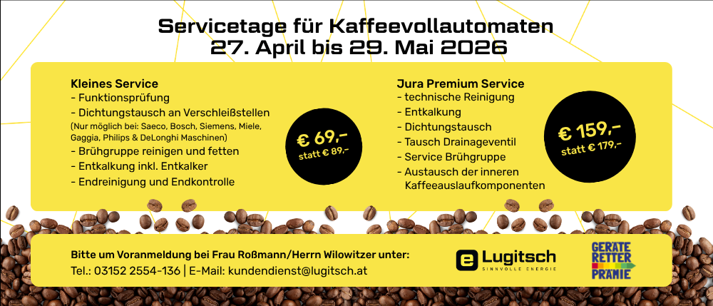 Servicetage für Kaffeevollautomaten vom 27. April bis 29. Mai 2026. Leistungen umfassen: Funktionsprüfung, Dichtungsaustausch, Reinigung und Endkontrolle. Kontaktieren Sie Frau RoBmann oder Herrn Wilowitz für ein Angebot.