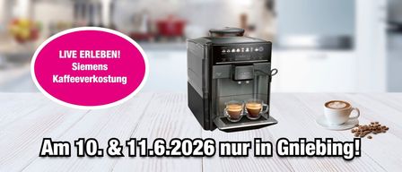 Espresso machine by Siemens on a wooden surface. Two cups of coffee. Offer valid until June 11, 2026. Text in German.