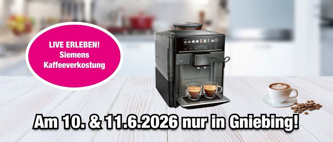 Siemens Espressomaschine auf einer Holzoberfläche. Zwei Tassen Kaffee. Angebot gültig bis 11. Juni 2026. Text in Englisch.