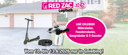 Advertisement for RED ZAC Lugitsch event showcasing various robots and e-scooters. Event runs from 10th to 13th June 2026.