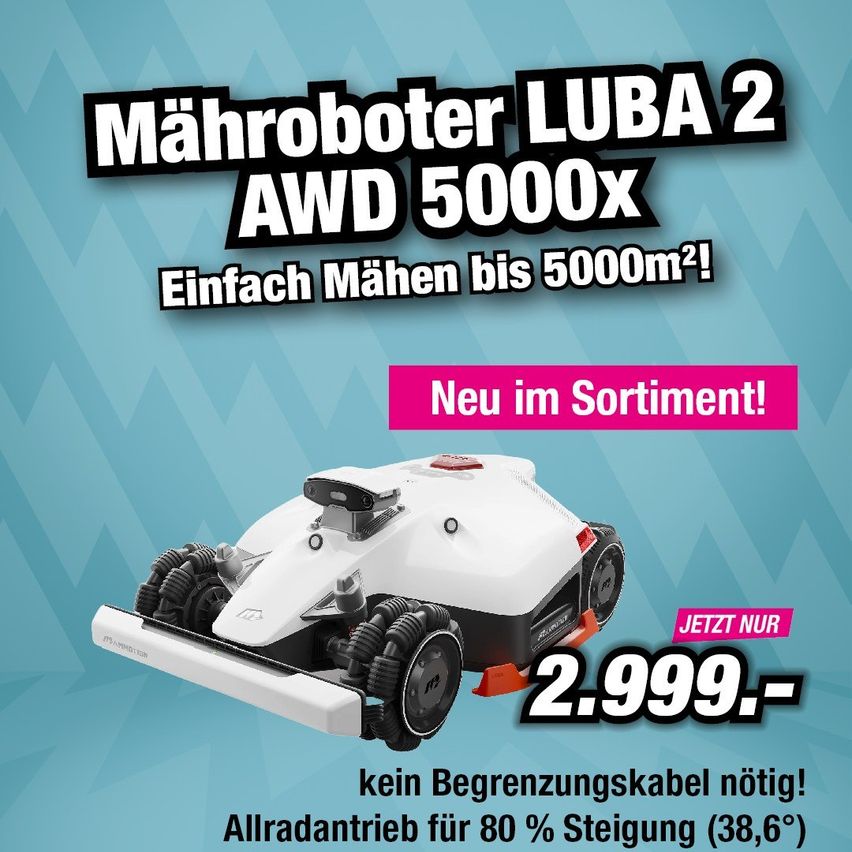 Werbung für den Mähroboter Luba 2 Awd 5000x. Er verfügt über Allradantrieb und kann bis zu 5000m² mähen. Zum Preis von 2.999 Euro ist er jetzt im Sortiment. Der Rasenmäher ist kabellos und allradgetrieben für eine 80% Steigung (38,6°).
