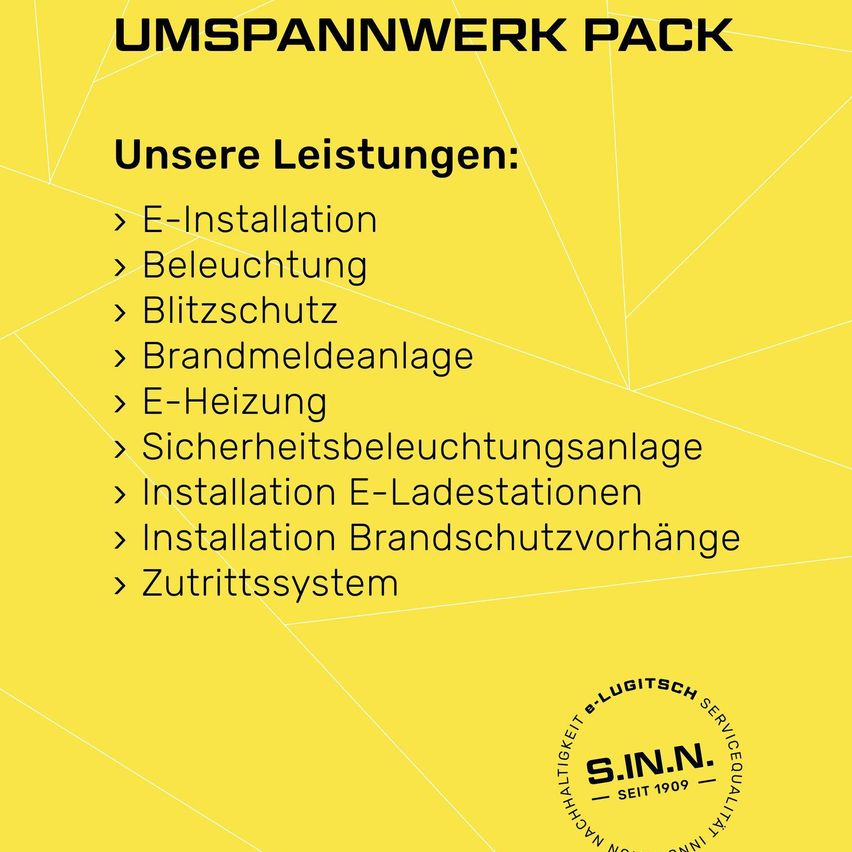 Auf einem gelben Hintergrund werden Dienstleistungen aufgelistet, darunter E-Installation, Blitzschutz, Brandmeldeanlagen, E-Heizung, Sicherheitsbeleuchtungsanlagen, Installation von E-Ladestationen, Installation von Brandschutzvorrichtungen und Zugangssystemen.