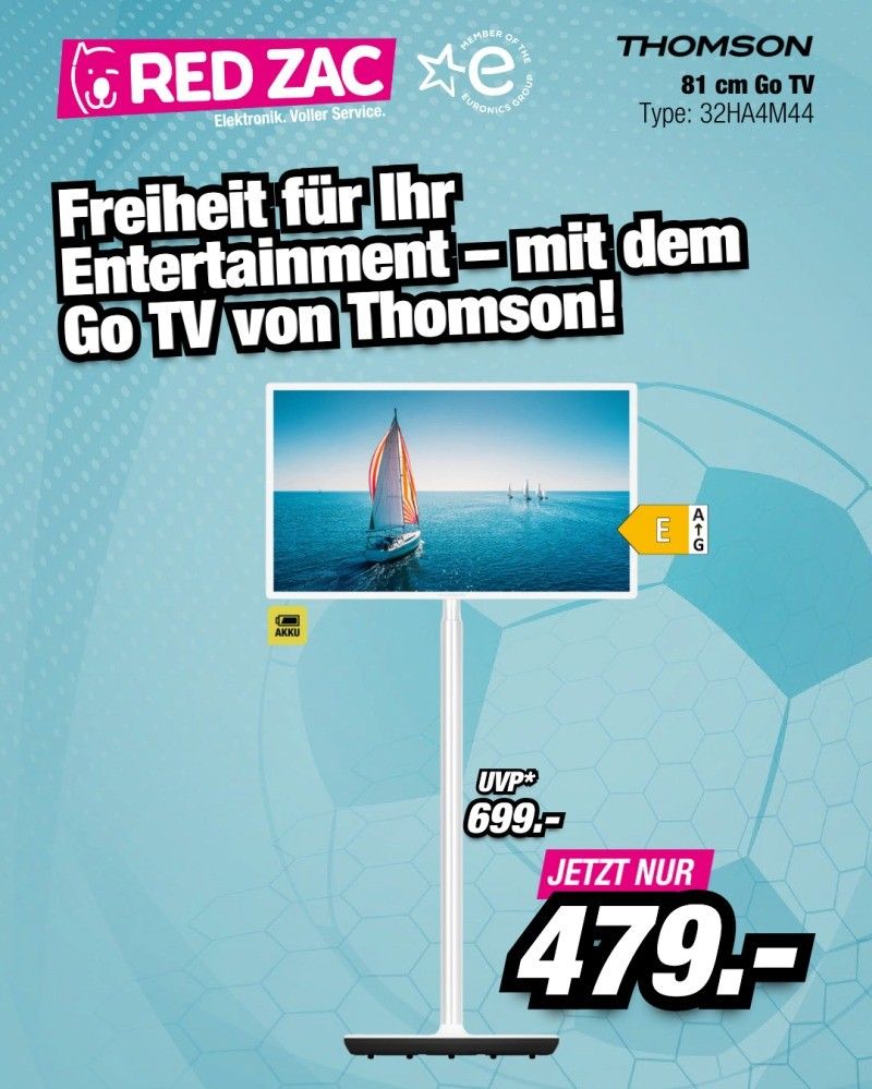 Werbung für Go TV von Thomson. Zeigt ein Segelboot auf dem Ozean. Ursprünglicher Preis 699, jetzt nur 479.