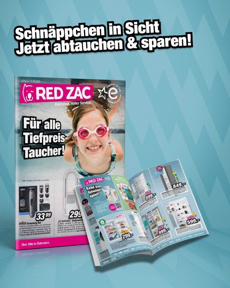Ein Werbeplakat für RED ZAC zeigt ein Mädchen mit Schwimmbrille. Die Werbung präsentiert eine Vielzahl von Produkten mit Rabatten und lädt Kunden ein, ihre Geschäfte zu besuchen.