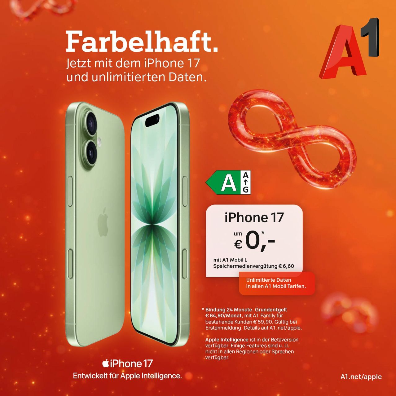 Eine Werbung für das iPhone 17 zeigt zwei Modelle, eines von hinten und eines von vorne. Das iPhone 17 ist für 0 Euro mit unbegrenzten Daten verfügbar. Die Werbung betont Apple Intelligence.