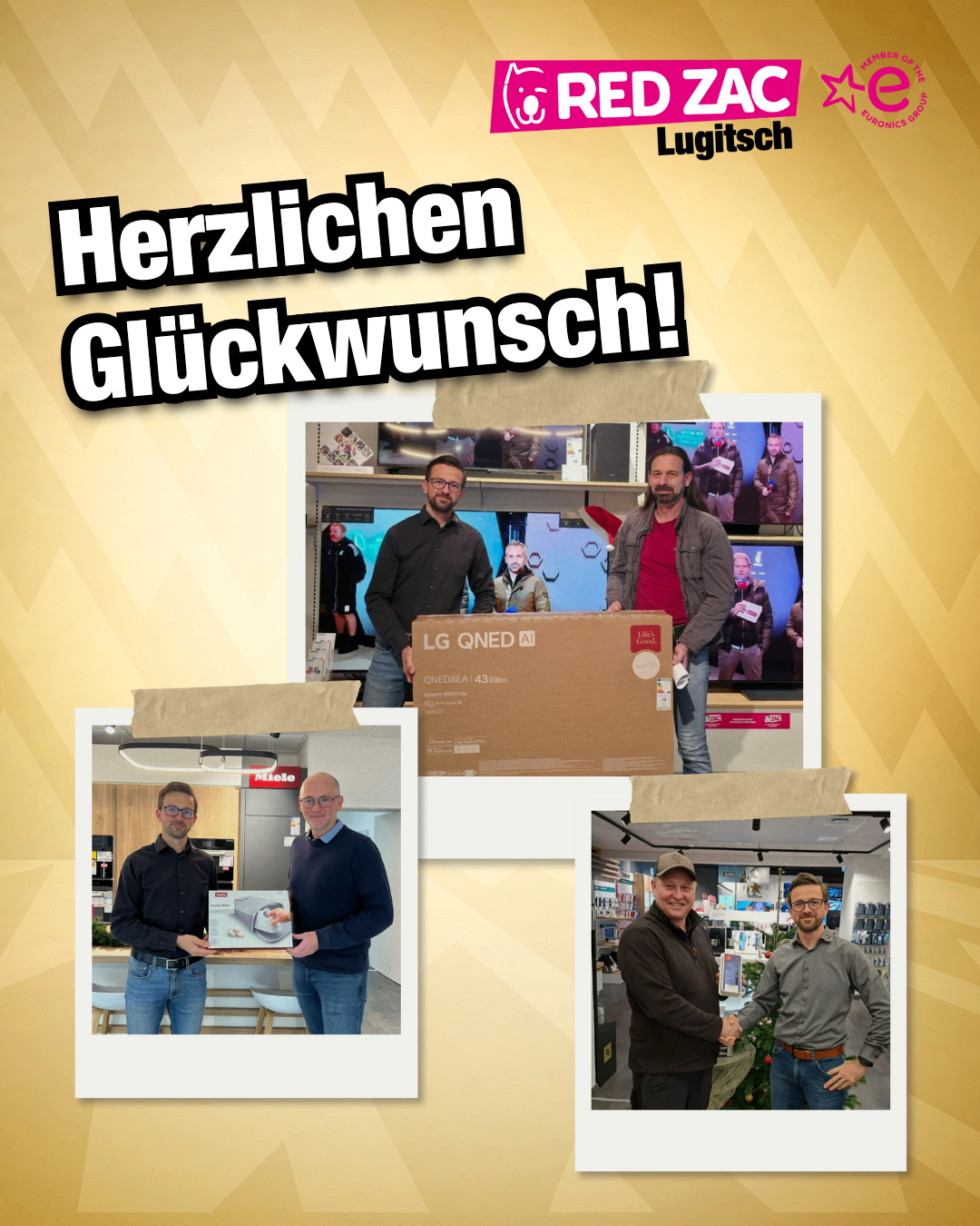 Eine Collage von Bildern zeigt zwei Männer, die ein Geschenk präsentieren, und zwei weitere, die sich die Hand schütteln. Der Hintergrund zeigt Verkaufsdisplays und Fernseher. Die Worte 'Herzlichen Glückwunsch!' sind prominent zu sehen.