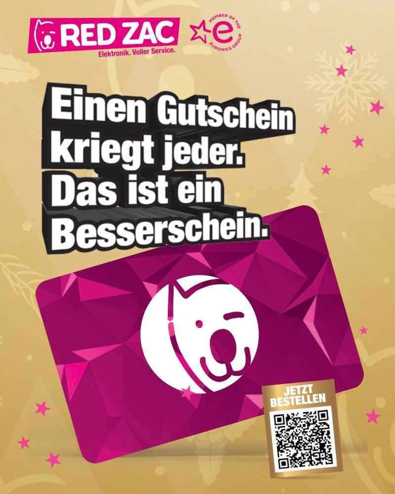 Eine Werbung mit lila Hintergrund zeigt einen Slogan, dass jeder einen Gutschein bekommt. Der Slogan lautet 'Einen Gutschein kriegt jeder. Das ist ein Besserschein.' Das Bild enthält ein weißes Hundelogo und einen QR-Code.