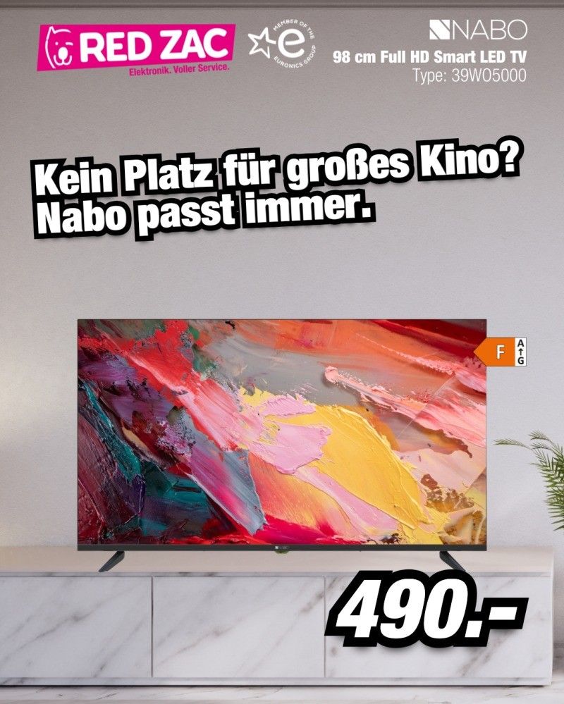 Eine Werbung für einen Flachbildfernseher mit einem lebendigen abstrakten Bild. Der Text lautet 'Kein Platz für großes Kino? Nabo passt immer.' Der Fernseher steht auf einem Marmorständer. Preis 490 Euro.