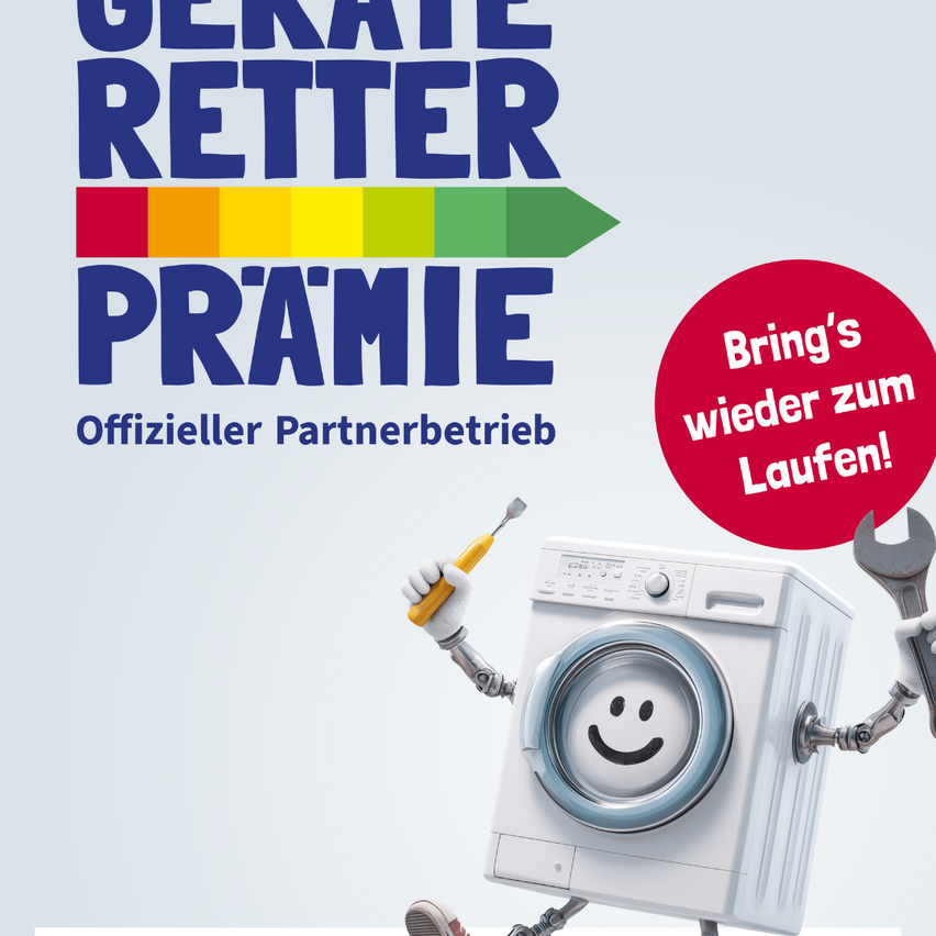 Werbung für das offizielle Partnerprogramm der 'Geräte Retter' Initiative. Es zeigt eine Waschmaschine mit lächelndem Gesicht, die einen Schraubenzieher und einen Schraubenschlüssel hält, und den Slogan 'Bring's wieder zum Laufen!'.