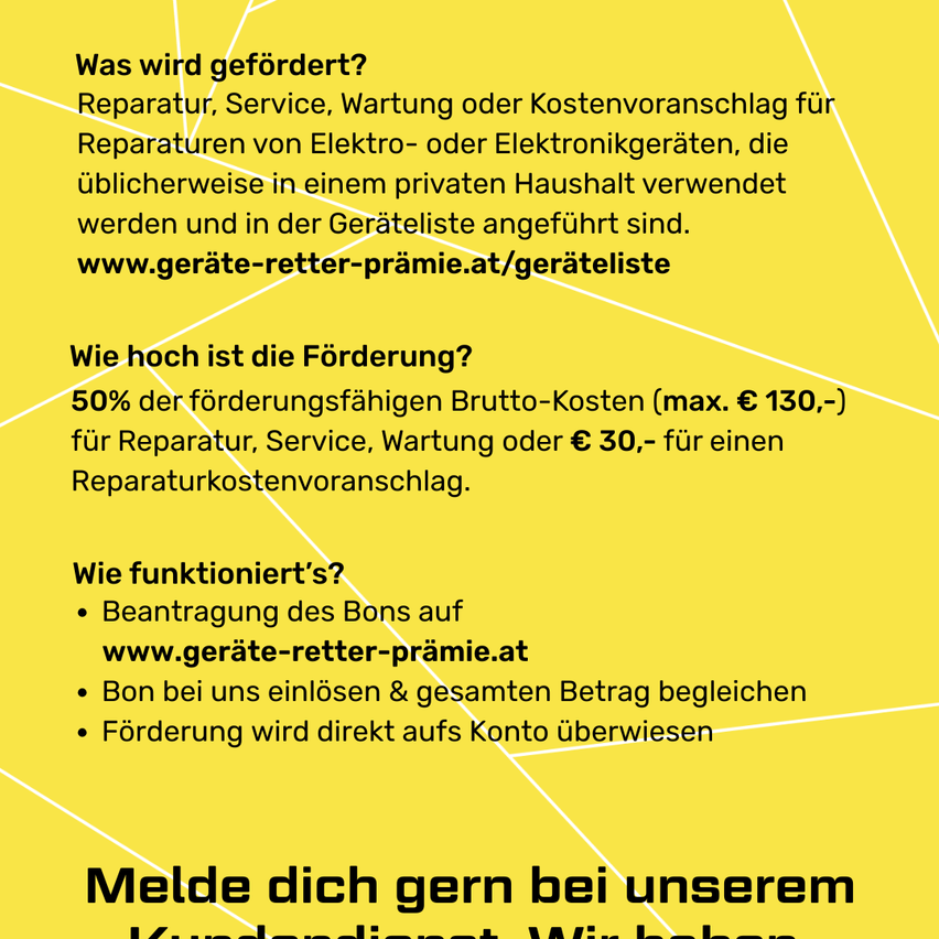 Das Bild beschreibt eine Förderung für Reparaturen, Dienstleistungen, Wartung oder Kostenvoranschläge für Elektro- oder Elektronikgeräte, die üblicherweise in einem privaten Haushalt verwendet werden. Die Förderung beträgt 50% der förderfähigen Bruttokosten, maximal 130 €, oder 30 € für einen Reparaturkostenvoranschlag. Der Prozess beinhaltet die Beantragung der Förderung auf einer bestimmten Website.