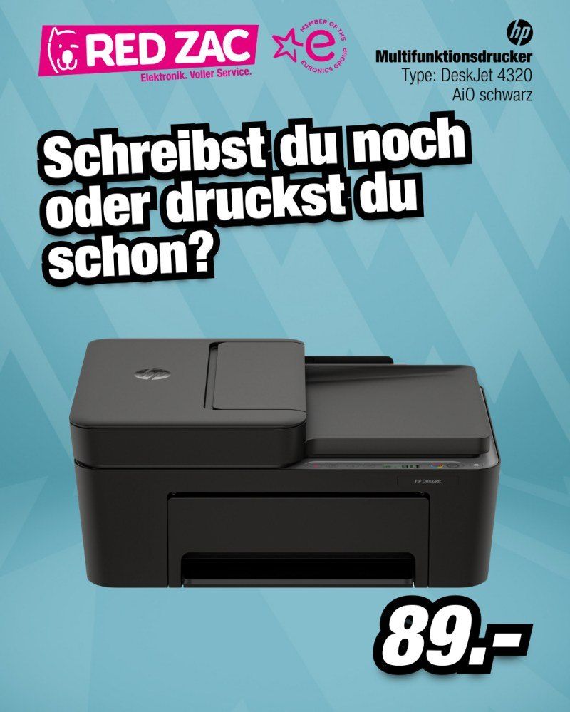 An advertisement for an HP DeskJet 4320 printer on a blue background. It offers a choice between writing and printing. The printer is black with a paper tray and a screen. The price is 80 Euros.