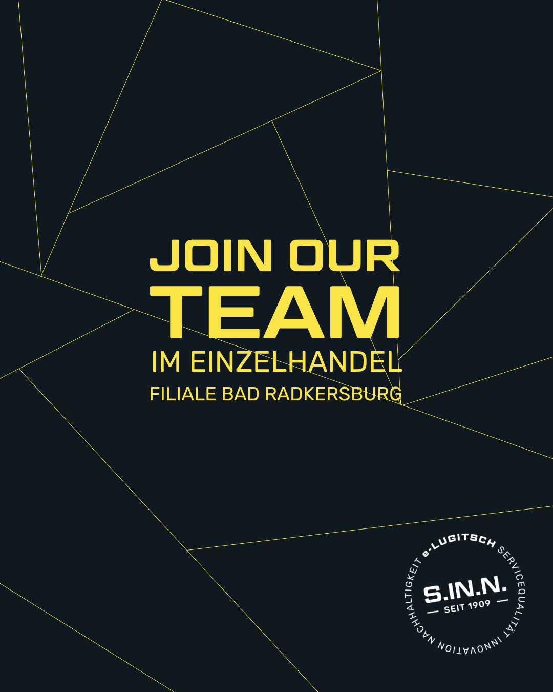 Ein Einstellungsposter für ein Einzelhandelsteam in Bad Radkersburg. Der Text 'Join Our Team' ist prominent angezeigt mit 'Im Einzelhandel' und 'Filial Bad Radkersburg' darunter. Ein Logo ist unten vorhanden.