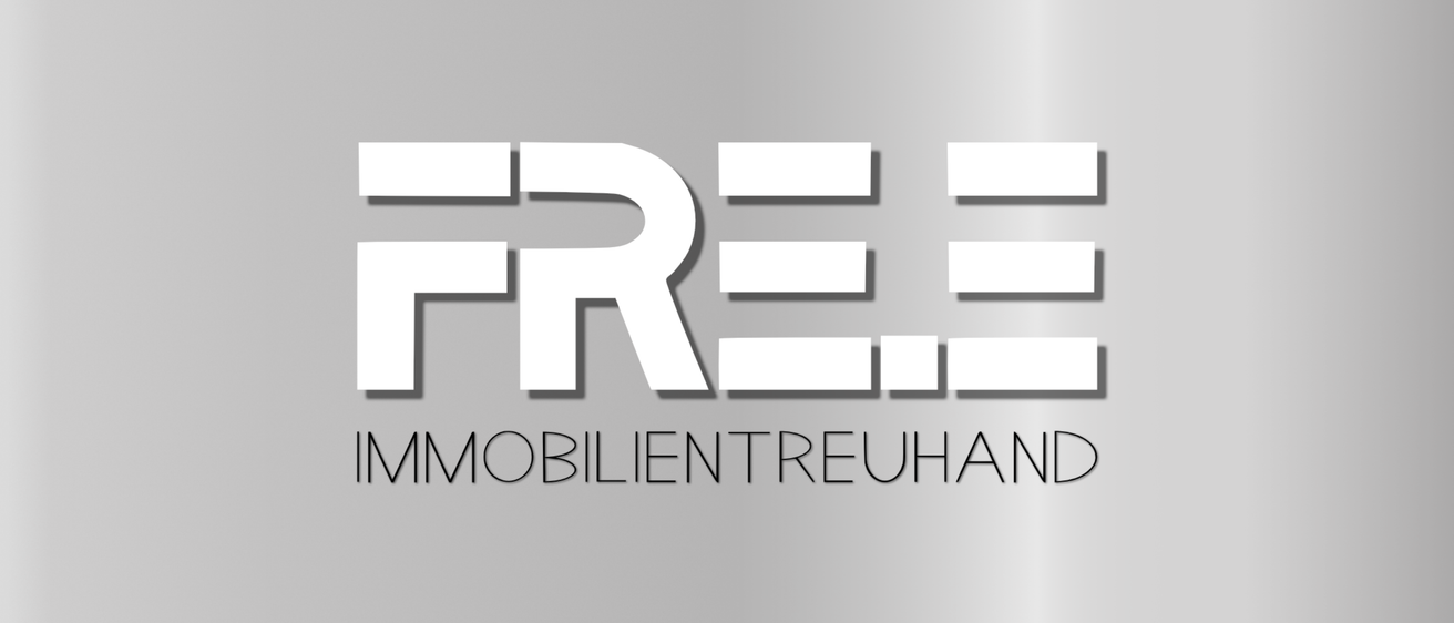 Das Bild zeigt das Wort 'FREE' in einer fetten, weißen Schrift auf grauem Hintergrund. Darunter steht 'IMMOBILIENTREUHAND' in einem eleganten, großgeschriebenen Format.
