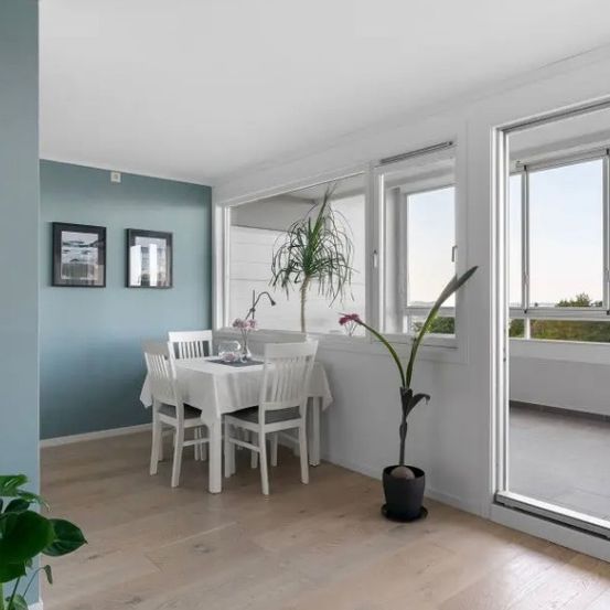 Ein leeres Esszimmer mit einem weißen Tisch und Stühlen. Es gibt zwei Topfpflanzen, eine auf jeder Seite des Raumes.