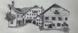 Eine Zeichnung von Gebäuden mit dem Titel 'Das Kluefenhofhaus oder Goferlgassl zu St.Silgen' ist auf einem strukturierten weißen Hintergrund dargestellt.