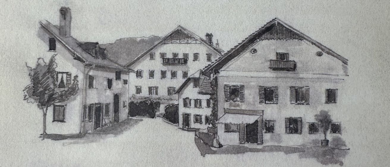 Eine Zeichnung von Gebäuden mit dem Titel 'Das Kluefenhofhaus oder Goferlgassl zu St.Silgen' ist auf einem strukturierten weißen Hintergrund dargestellt.