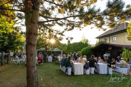 Eine Gruppe von Menschen sitzt um Tische in einem Garten und genießt eine Mahlzeit unter einem Baum, während die Sonne hell im Hintergrund scheint.