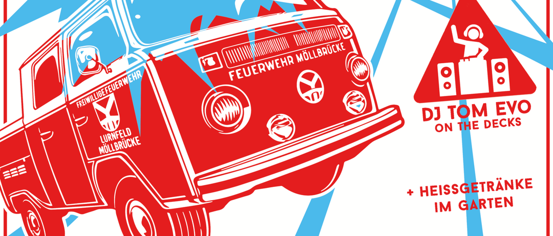 Ein Plakat für Blaulicht Feier mit einem roten Feuerwehrauto und einem DJ auf den Decks, freier Eintritt ab 18:00 am Samstag, 13. Dezember.