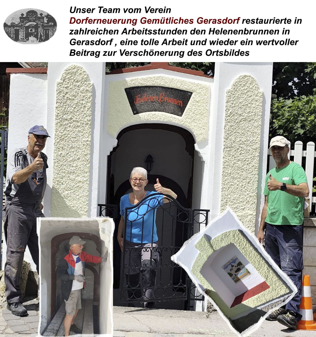 Drei Menschen posieren vor einem Gebäude. Einer ist in einem Tunnel, ein anderer zeigt Daumen hoch und der dritte ist im Gebäude.