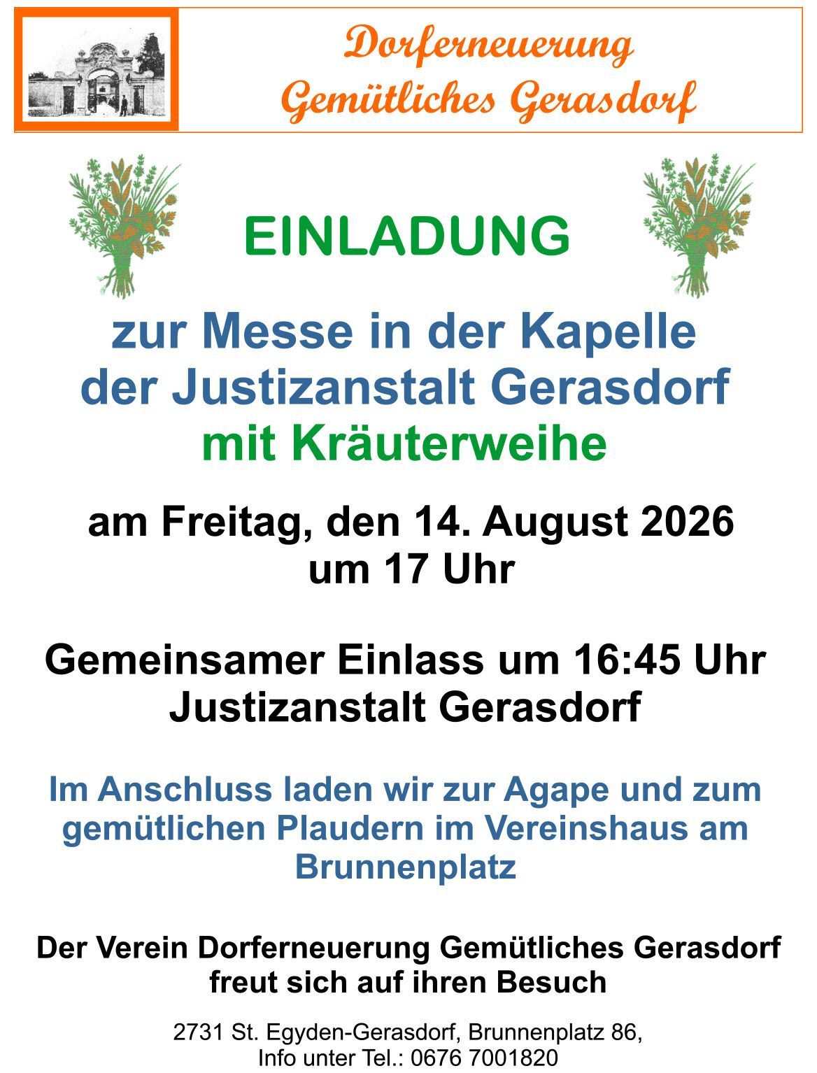 Eine Einladung zur Messe in der Kapelle der Justizanstalt Gerasdorf mit Kräuterwein am Freitag, den 14. August 2026 um 17 Uhr. Gemeinsamer Einlass um 16:45 Uhr.