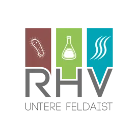Das RHV-Logo zeigt drei Symbole: ein Bakterium, einen Kolben und Dampf. Der Text lautet 'RHV Untere Feldaist'.