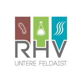Das RHV-Logo zeigt drei Symbole: ein Bakterium, einen Kolben und Dampf. Der Text lautet 'RHV Untere Feldaist'.