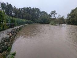 Ein überfluteter Fluss mit schlammigem Wasser, umgeben von einer Steinmauer und üppiger Grünfläche, einschließlich Büschen und Bäumen, unter einem bewölkten Himmel.