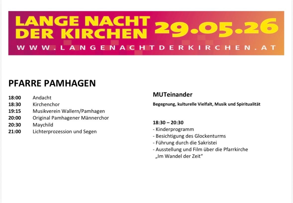 Flyer für die Pamhagen Kirchennacht am 29. Mai. Bietet Chor, kulturelle Vielfalt, Musik, Geist, Kinderprogramm, Glockenturmbesichtigung, Prozession und einen Film über die örtliche Kirche.
