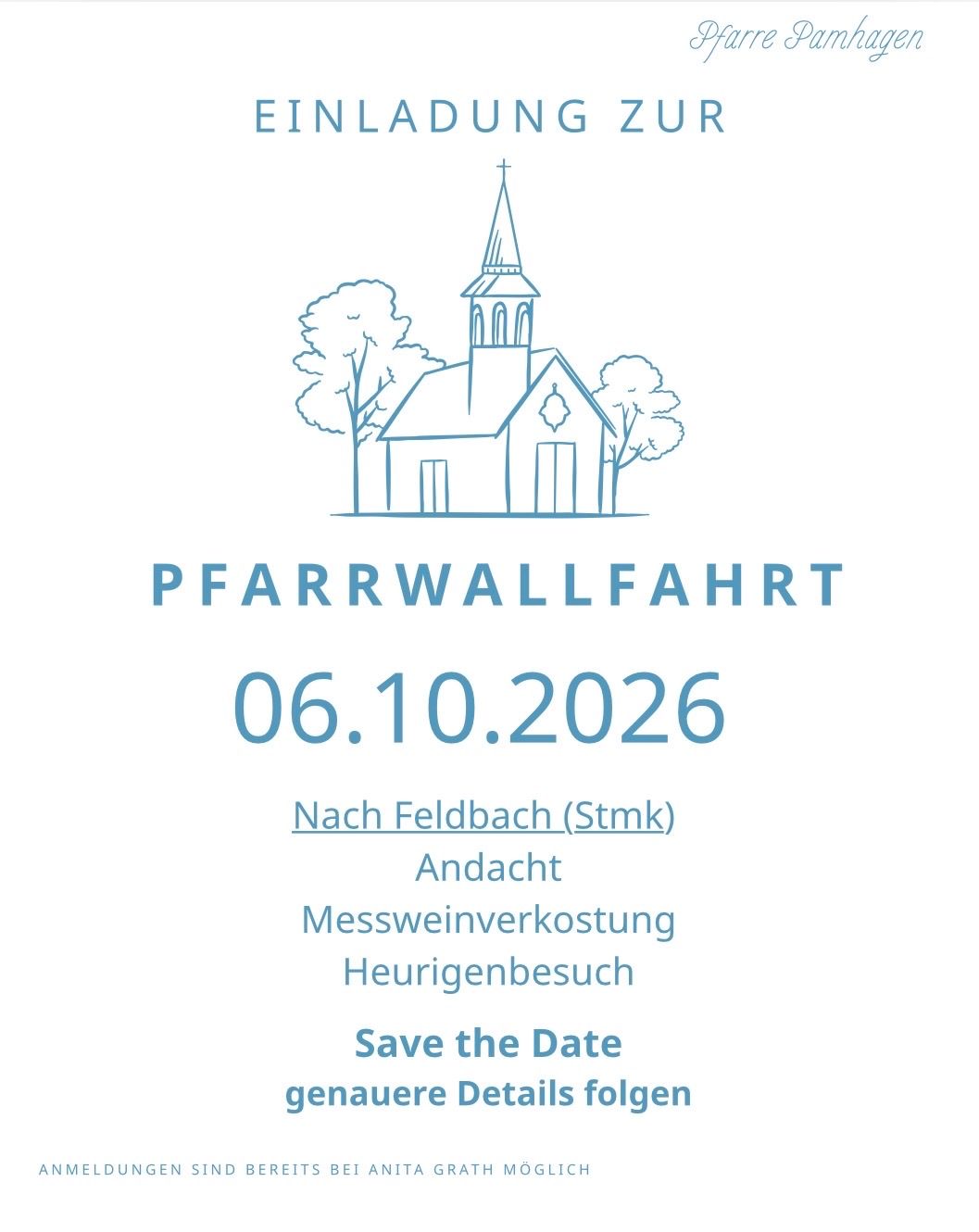 Plakat für eine Kirchenveranstaltung am 6. Oktober 2026 mit einer Kirchenillustration, Datum und Details über einen Gottesdienst, Weinverkostung und Hochzeitsbesuch.