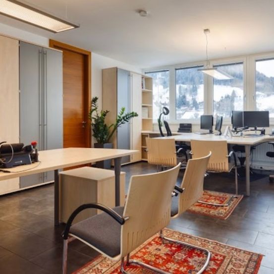 Ein modernes Büro mit Holztischen, Stühlen und Regalen. Auf einem Tisch steht eine Pflanze und ein Telefon. Es gibt zwei große Fenster, die einen verschneiten Berg in der Ferne zeigen.