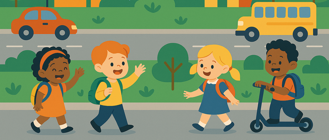 Fünf Kinder, eines mit einem Roller, gehen auf einer Straße in einer Nachbarschaft mit Gebäuden und einem Schulbus spazieren.