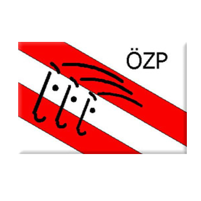 Ein rot-weiß gestreiftes Design mit einer schwarzen Umrisse eines Berges und den Buchstaben OZP darüber.