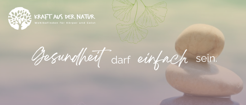 Ein Bild mit einem Steinstapel, einem grünen Blatt und dem Text 'Gesundheit darf einfach sein' in weiß geschrieben.