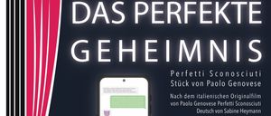 Plakat für eine Theateraufführung mit dem Titel 'Geheimnis'. Es zeigt eine Hand, die auf einen Smartphone-Bildschirm mit Chat-Bubbles zeigt. Termine für die Aufführung sind aufgelistet.
