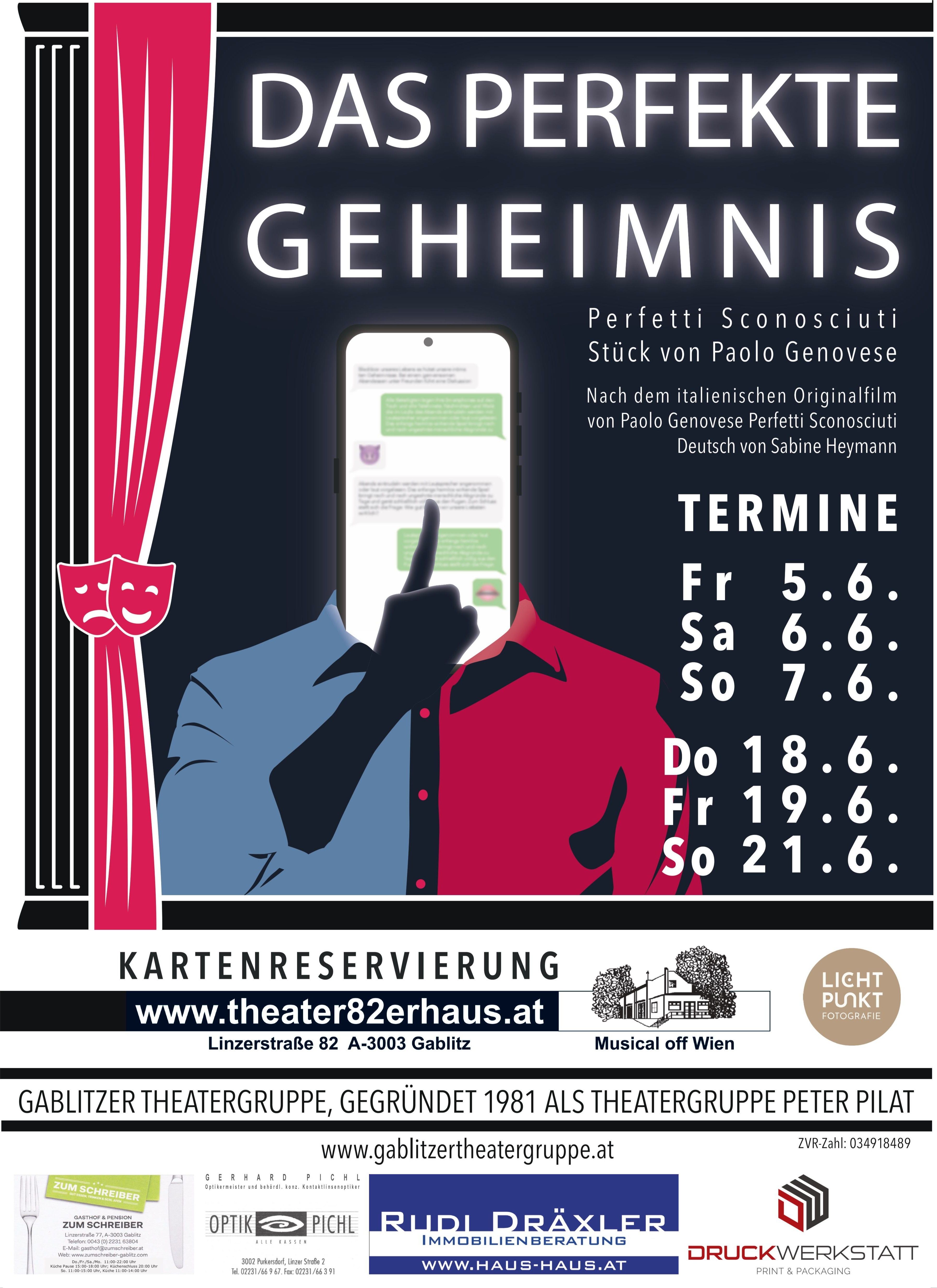 Plakat für das deutsche Theaterstück 'Geheimnis' von Paolo Genovese, übersetzt von Sabine Heymann. Zeigt einen Mann am Telefon mit Aufführungsdaten und -zeiten.