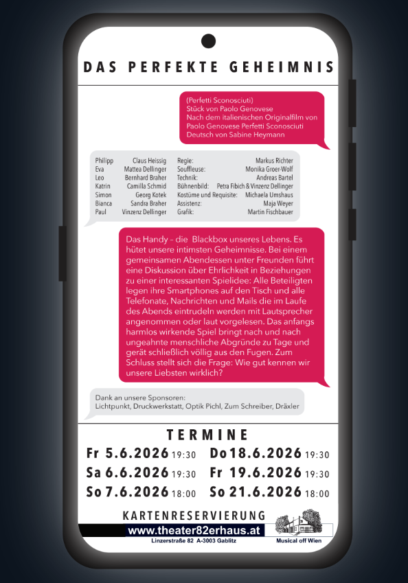 Ein Plakat für das perfekte Geheimnis. Es zeigt eine Besetzungsliste, eine Beschreibung und Termine. Philipp, Eva, Leo, Katrin, Simon, Bianca, Paul und andere sind mit ihren Rollen aufgeführt. Die Termine für die Vorstellung sind ebenfalls aufgelistet.