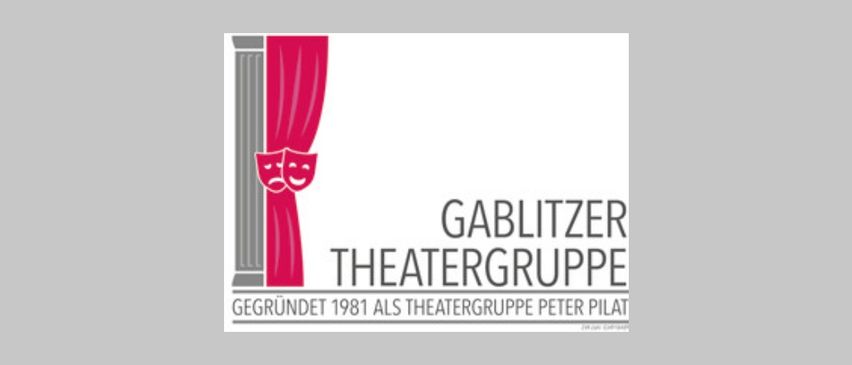 Das Logo der Gableitzer Theatergruppe zeigt einen roten Vorhang, zwei Masken und eine Säule. Die Gruppe wurde 1981 von Peter Pilat gegründet.