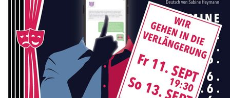 Ein Plakat für das Stück 'Geheimnis' von der Gablitzer Theatergruppe, das eine Person mit einem Handy und einem Schild mit den Daten und Zeiten der Aufführungen zeigt.