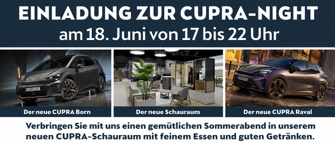 Bild zeigt drei Bereiche: links ein Auto, Mitte ein Ausstellungsraum und rechts ein Sportwagen. Es bewirbt eine Autoausstellung am 18. Juni von 17 bis 22 Uhr.