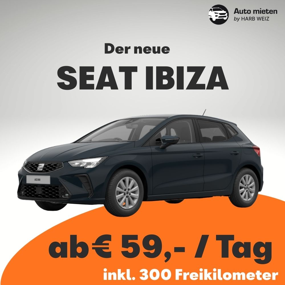 Eine Werbung für das neue SEAT IBIZA Auto, das zum Preis von 59 Euro pro Tag gemietet werden kann, inklusive 300 Freikilometern. Das Auto ist von vorne gezeigt, in dunkelblauer Farbe.