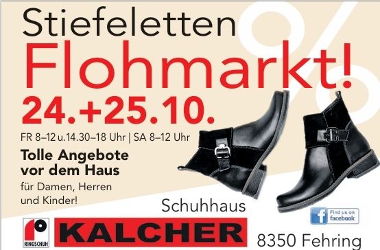 Werbeanzeige für Stiefeletten Flohmarkt am 24. und 25. Oktober. Finde uns auf Facebook.