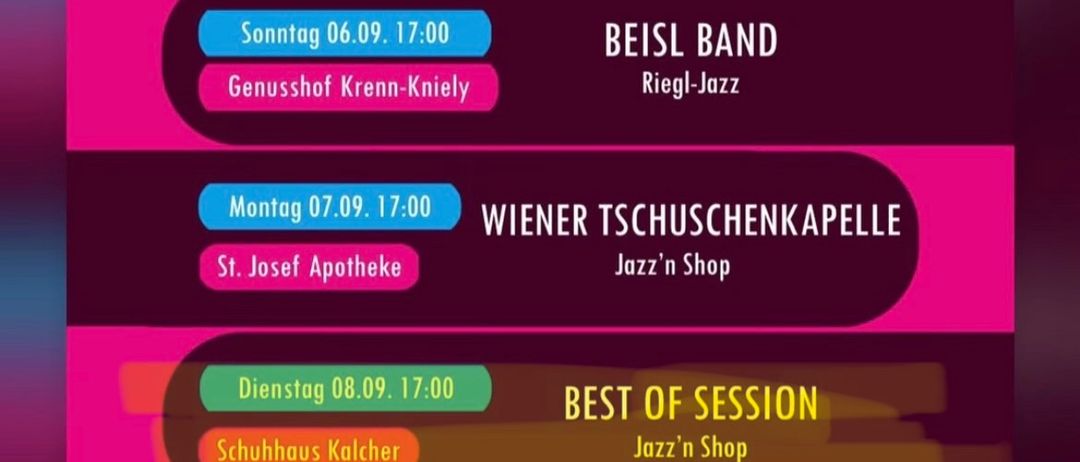 Ein Plakat mit einem Wochenplan für verschiedene Veranstaltungen, darunter musikalische Auftritte und Brunches.