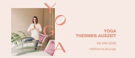 Eine Frau in Yoga-Pose auf einer Couch mit einer Pflanze, Yoga-Magazin rechts, in einem rosa Thema.