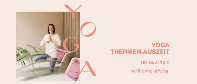 Eine Frau in Yoga-Pose auf einer Couch mit einer Pflanze, Yoga-Magazin rechts, in einem rosa Thema.