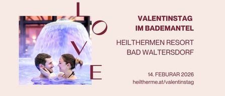 Ein Poster, das den Valentinstag in einem Resort in Bad Waltersdorf ankündigt, mit einem Paar im Pool abgebildet.
