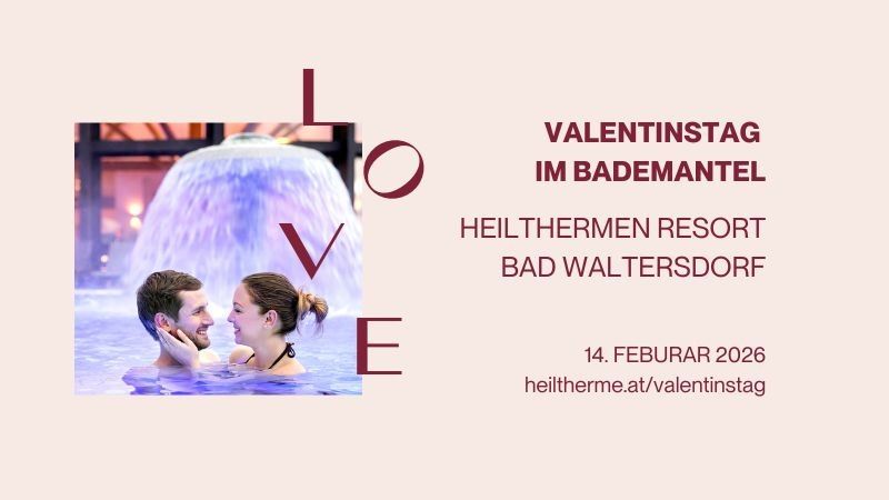 Ein Poster, das den Valentinstag in einem Resort in Bad Waltersdorf ankündigt, mit einem Paar im Pool abgebildet.
