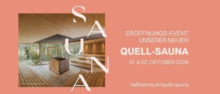 Plakat für die Eröffnungsveranstaltung einer neuen Sauna, mit einem Holzinnenraum, einer Bank, einem Ofen und einem Fenster mit Blick auf Bäume. Das Plakat hat einen rosa Hintergrund.