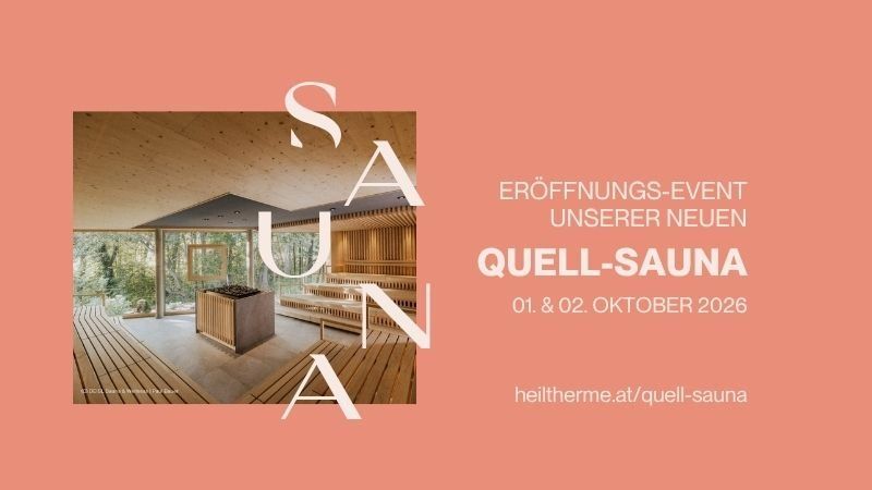 Plakat für die Eröffnungsveranstaltung einer neuen Sauna, mit einem Holzinnenraum, einer Bank, einem Ofen und einem Fenster mit Blick auf Bäume. Das Plakat hat einen rosa Hintergrund.