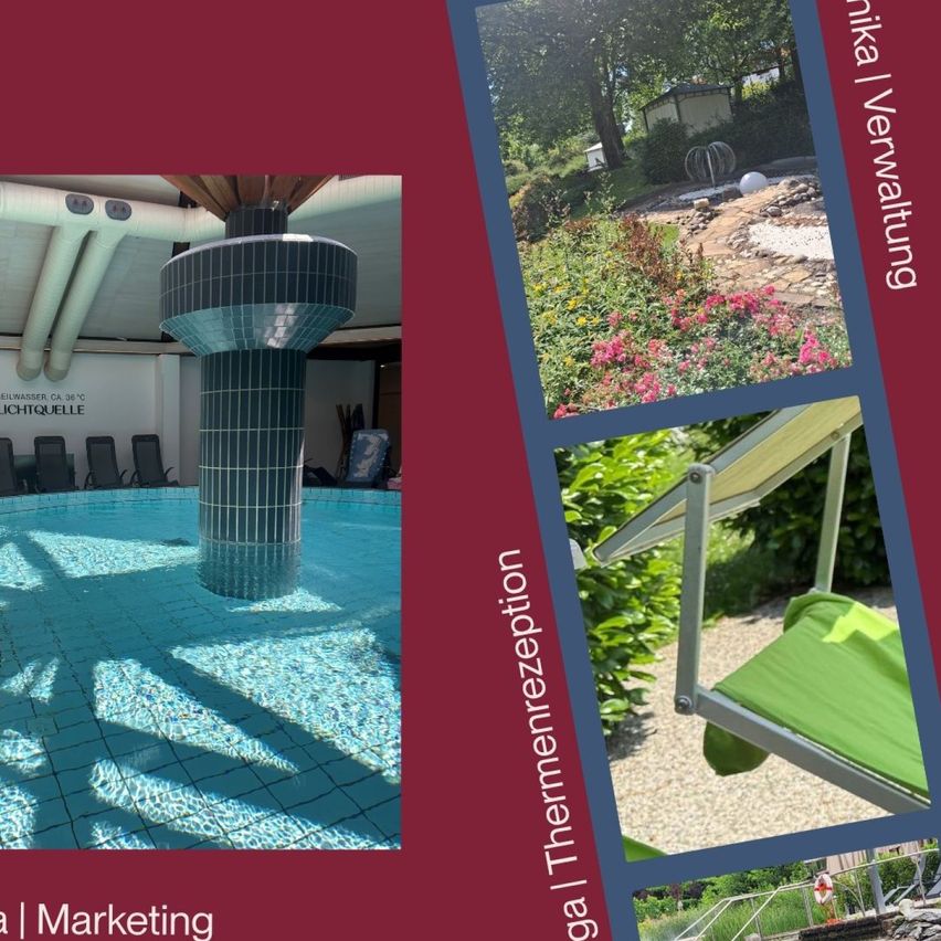 Eine Collage von Bildern, die einen modernen Pool mit einem dekorativen Turm, einen ruhigen Garten mit einem Steinweg und einen grünen Liegestuhl in einer Gartenumgebung zeigen.