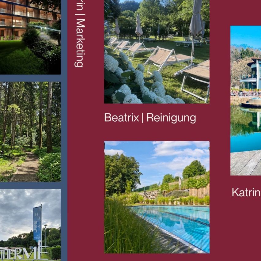Eine Collage von Bildern, die ein Resort mit Swimmingpool, ein Gebäude und einen Weg mit einem Schild zeigt. Die Bilder sind in verschiedenen Größen und Winkeln.